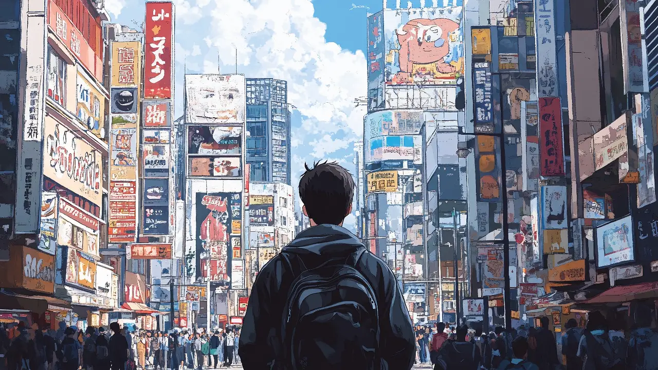 Persona viendo anime en una ciudad estilo japonés ilustrado