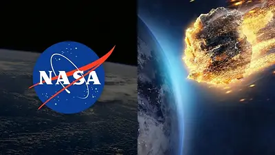 Logo de la NASA y un asteroide Logo de la NASA y un asteroide