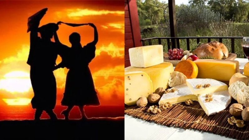 Personas bailando folklore y una tabla de quesos