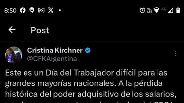 Cristina Kirchner pidió unidad en día del trabajador: "Una vida digna"