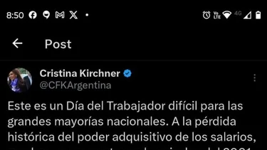 Cristina Kirchner pidió unidad en día del trabajador: "Una vida digna"