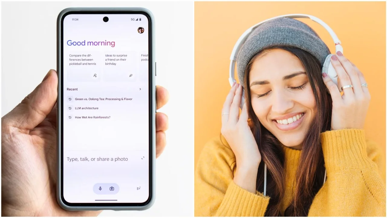 Un celular usando Gemini y una chica con auriculares