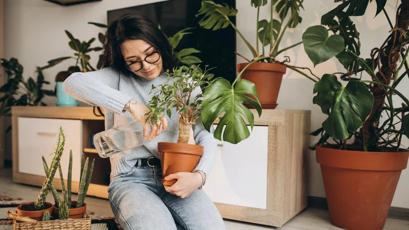 Una chica regando una planta