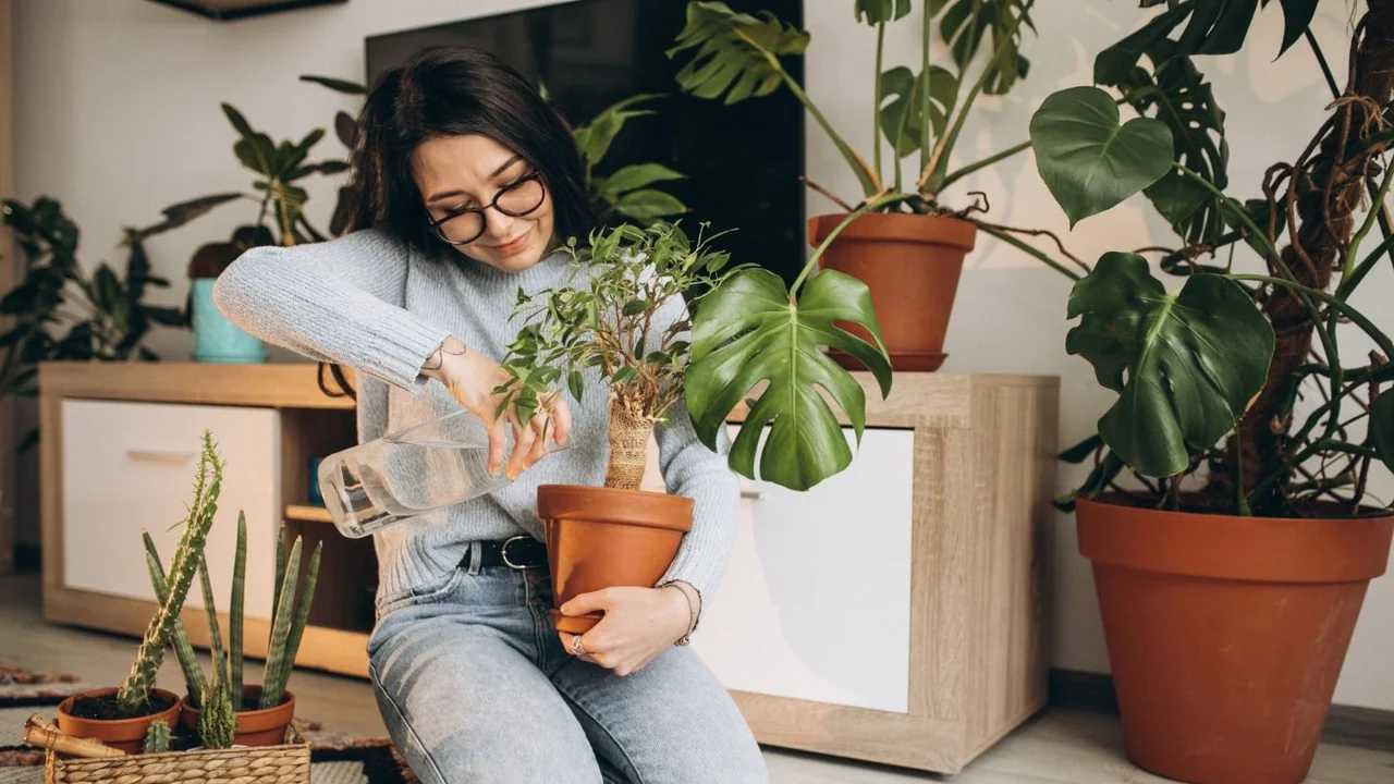 Una chica regando una planta