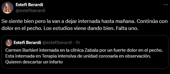 Por qué internaron a Carmen Barbieri. Qué problema de salud tuvo Carmen Barbieri. Cómo está la salud de Carmen Barbieri.