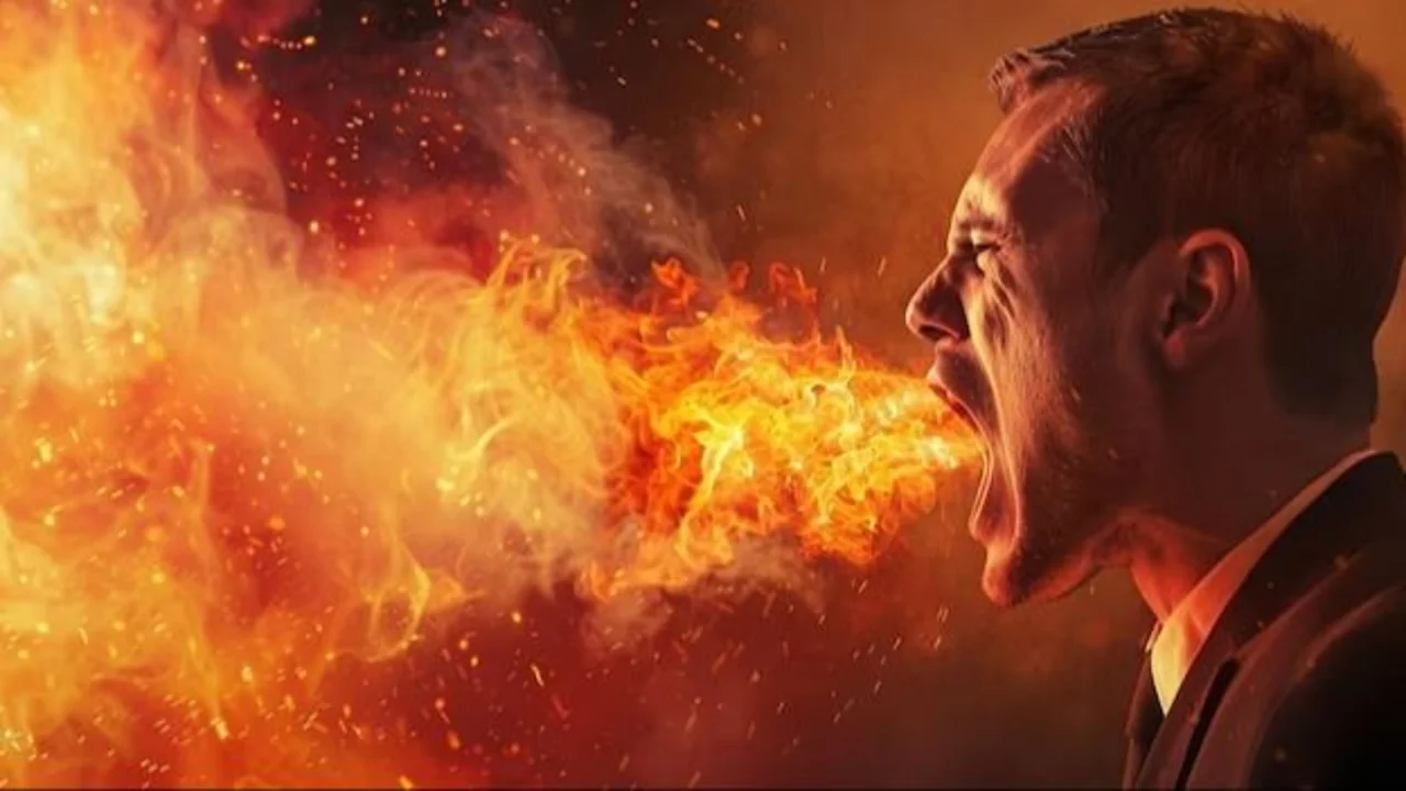 Una persona escupiendo fuego
