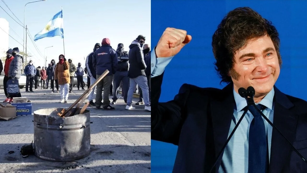 Trabajadores reclamando y Javier Milei