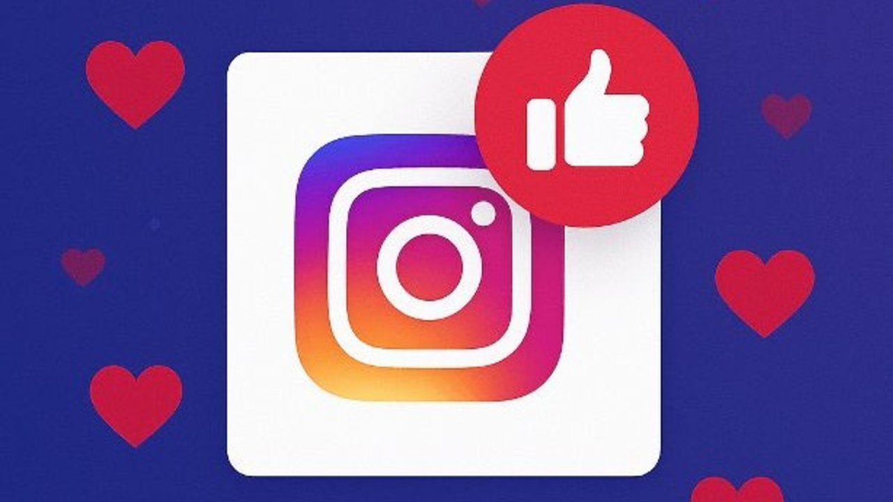 Logo de Instagram rodeado de corazones y un ícono de “me gusta”
