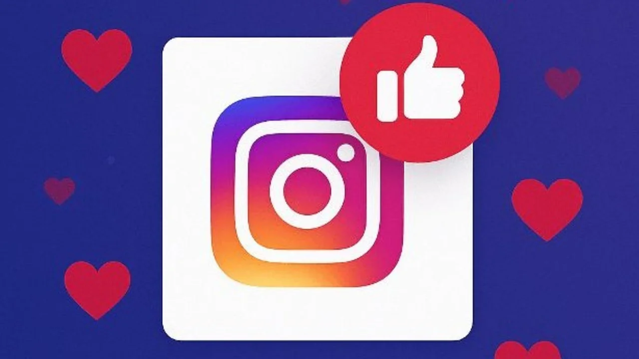 Logo de Instagram rodeado de corazones y un ícono de “me gusta”