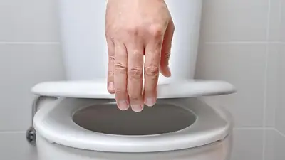 Mano levantando la tapa de un inodoro Mano levantando la tapa de un inodoro