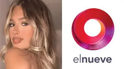 Julieta Poggio y el logo de El Nueve Julieta Poggio y el logo de El Nueve