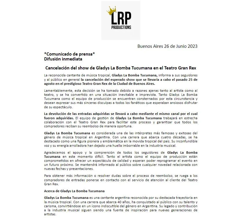 Gladys "La Bomba" Tucumana se despide de los escenarios, comunicado, cancela show