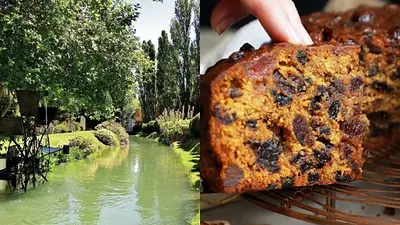 Paisaje de Gaiman y una porción de torta galesa Paisaje de Gaiman y una porción de torta galesa