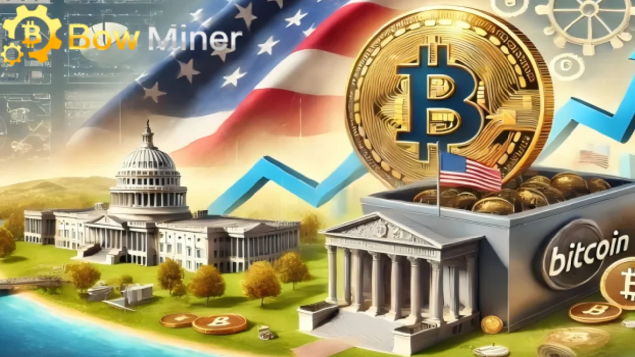 Ilustración de Bitcoin, banderas de EE. UU., y edificios institucionales, representando la minería digital de criptomonedas