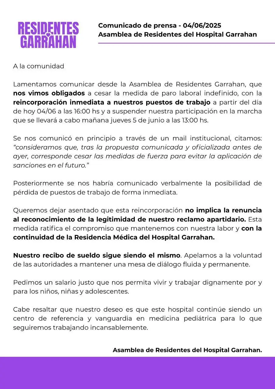 El comunicado de los residentes del Garrahan.