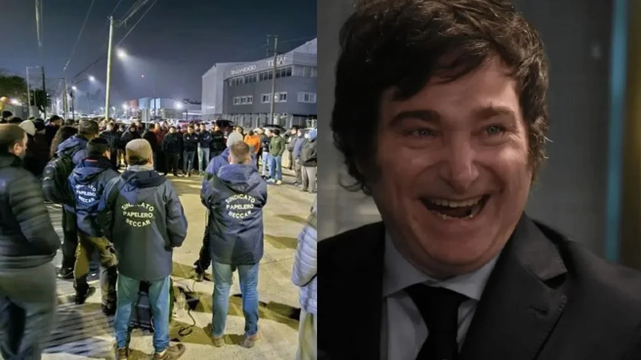 Trabajadores reclamando y Javier Milei