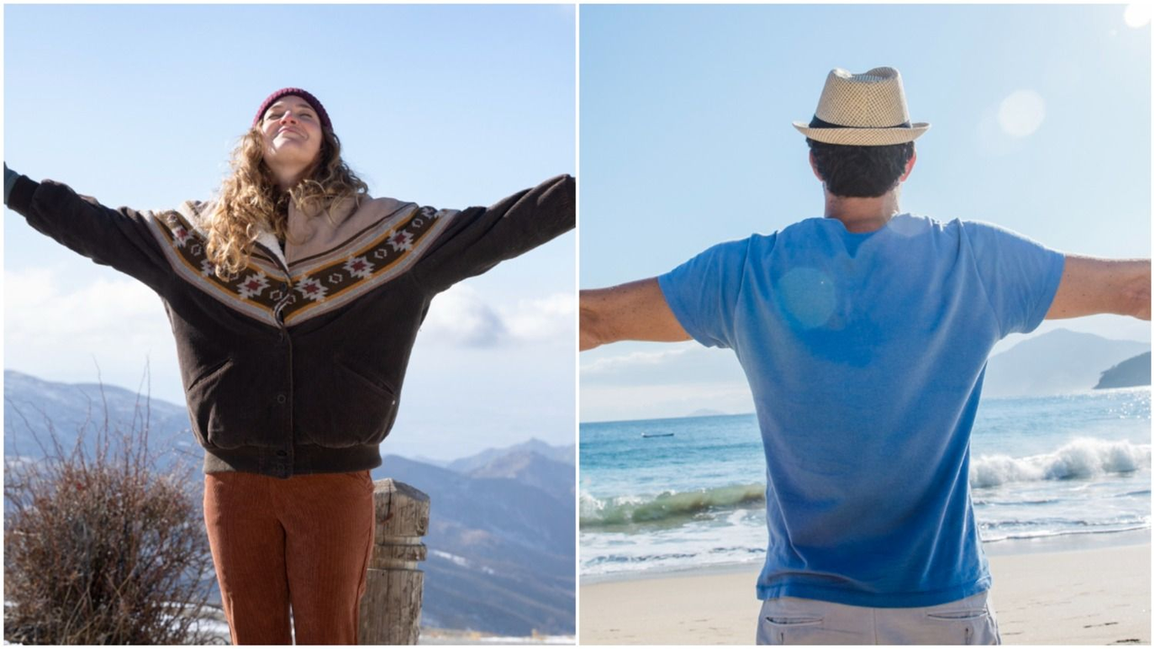 Una chica abrigada en la montaña y un hombre en la playa
