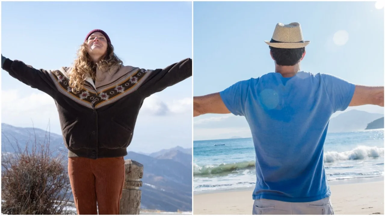 Una chica abrigada en la montaña y un hombre en la playa