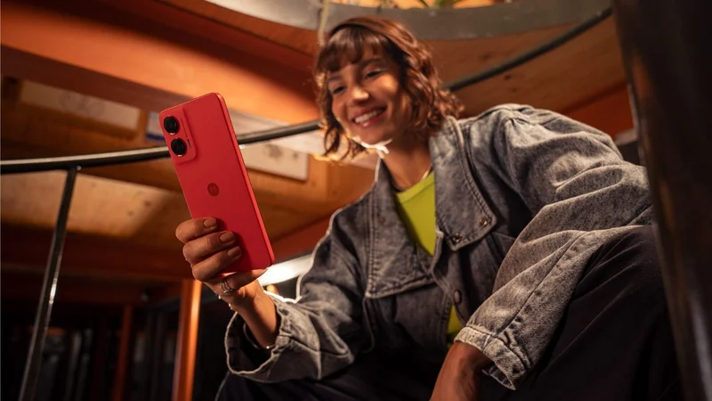 Una chica con un celular Motorola en la mano