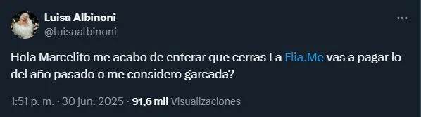 Luisa Albinoni aseguró que Marcelo Tinelli le debe plata