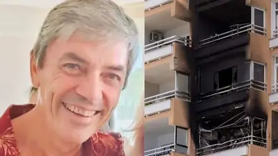Adrián y el edificio tras las llamas Adrián y el edificio tras las llamas