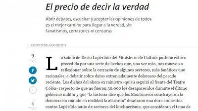 Nuevo editorial de La Nación defiende a Lopérfido y sus dichos sobre los desaparecidos Nuevo editorial de La Nación defiende a Lopérfido y sus dichos sobre los desaparecidos