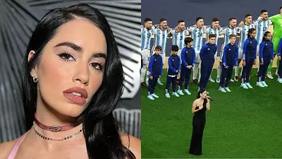 Lali Espósito cantando el himno argentino en la final del Mundial de Qatar Lali Espósito cantando el himno argentino en la final del Mundial de Qatar