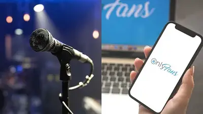 Un micrófono y el logo de OnlyFans Un micrófono y el logo de OnlyFans