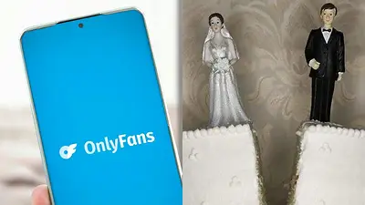 Logo de OnlyFans y una torta de casamiento partida en dos Logo de OnlyFans y una torta de casamiento partida en dos