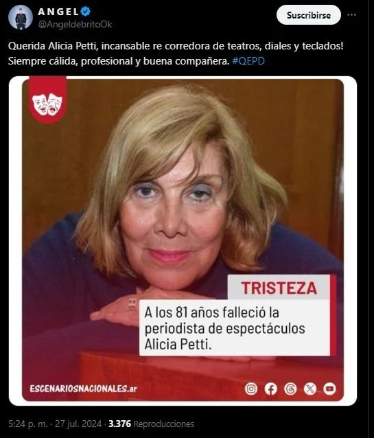 Murió Alicia Petti a los 81 años periodista de espectáculos