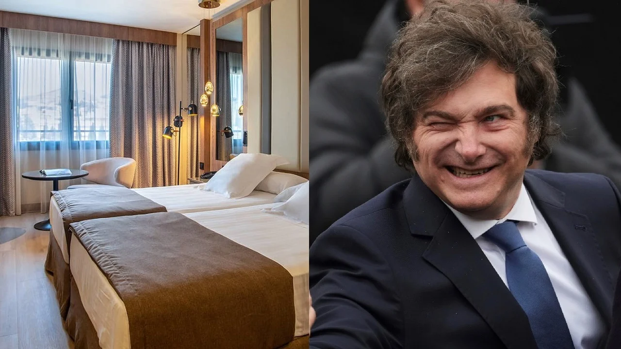 Habitación de hotel y Javier Milei