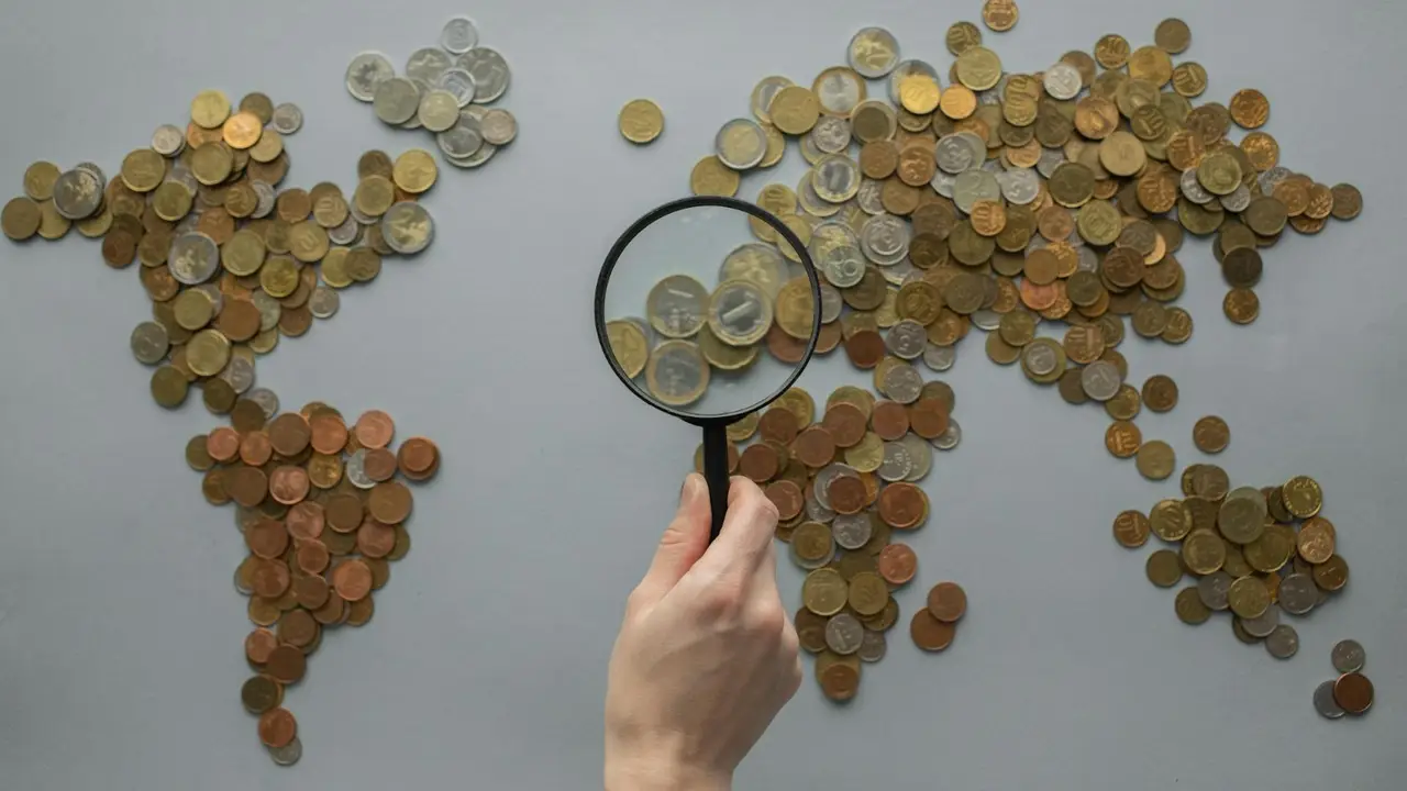 Mapa del mundo con monedas representando remesas y una lupa destacando monedas