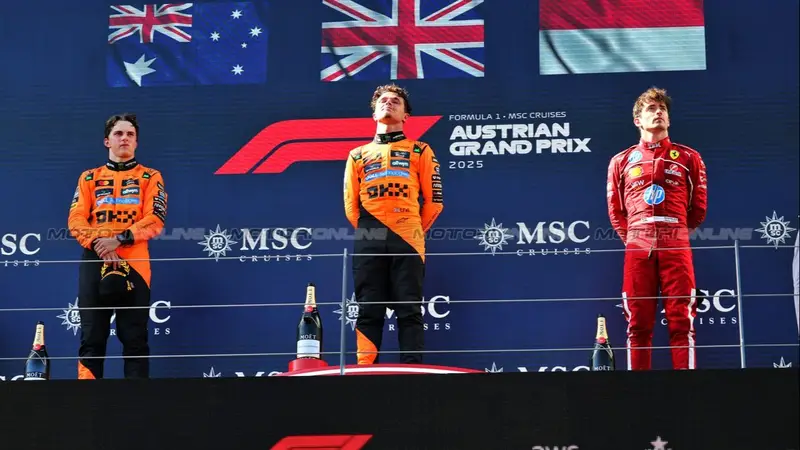 Oscar Piastri, Lando Norris y Charles Leclerc 