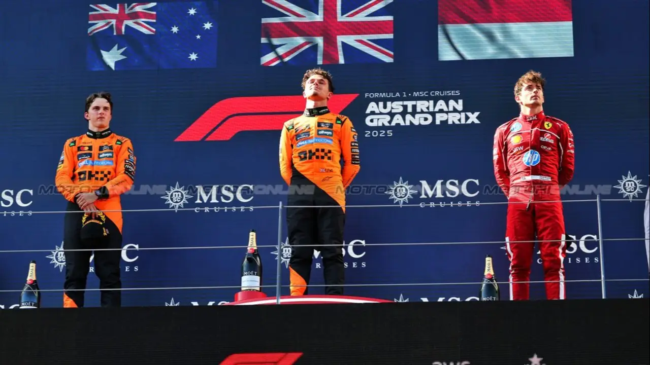 Oscar Piastri, Lando Norris y Charles Leclerc 