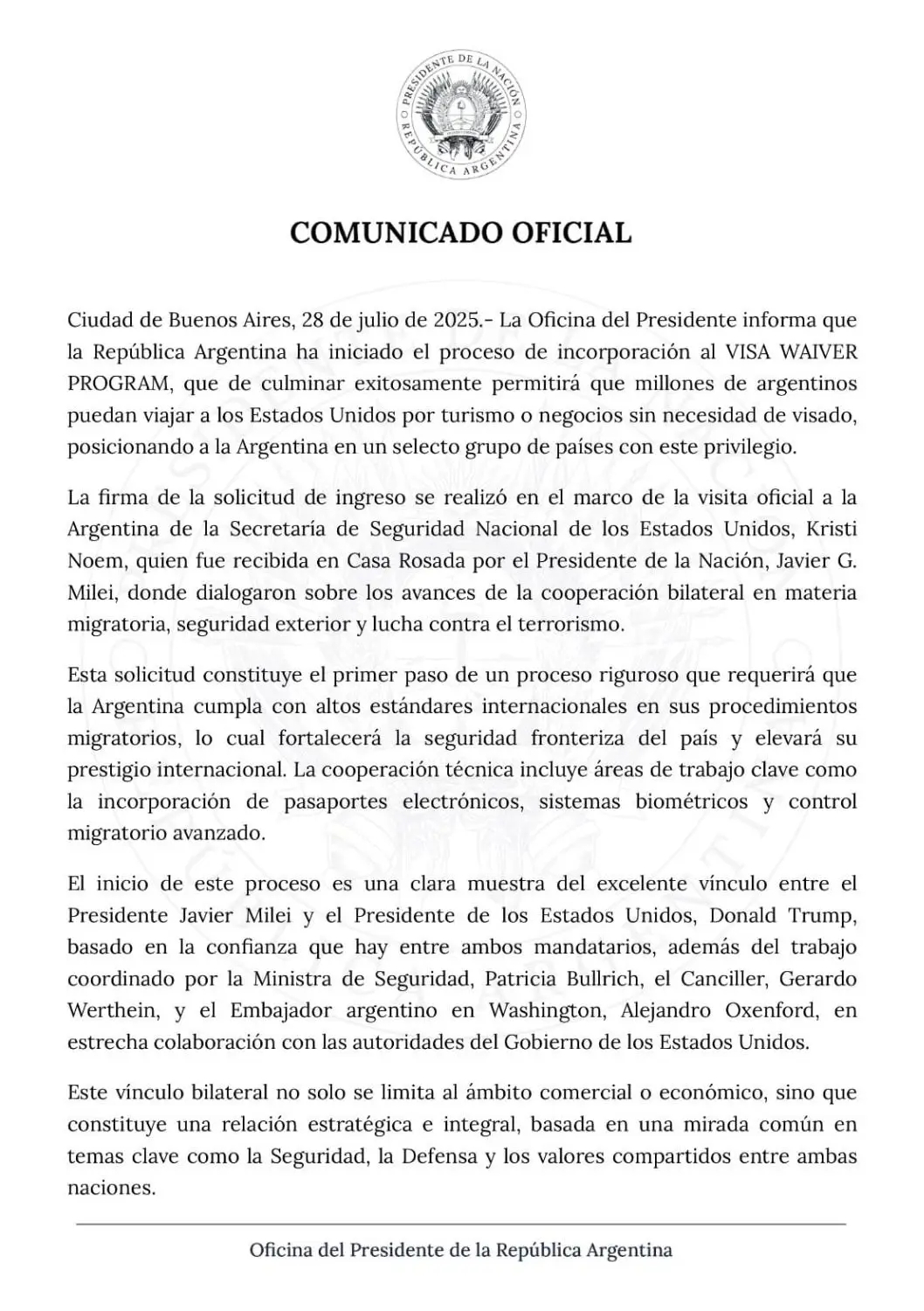 Comunicado de la Oficina del Presidente Javier Milei.