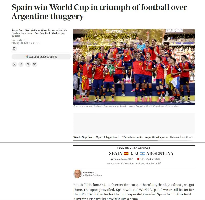 Las duras críticas y artículos de la prensa extranjera contra Argentina tras perder el Mundial 2026. Crédito: Telegraph, Reino Unido