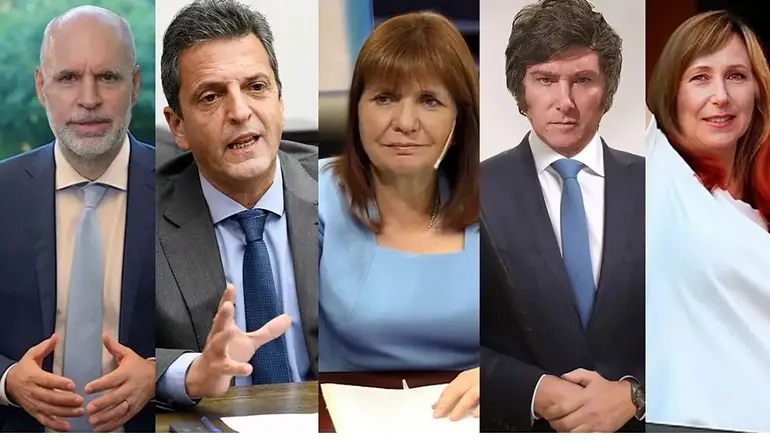 Horacio Rodríguez Larreta, Sergio Massa, Patricia Bullrich, Javier Milei y Myriam Bregman.
