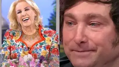 Mirtha Legrand riéndose y Milei triste Mirtha Legrand riéndose y Milei triste