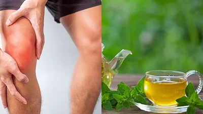 Un persona agarrándose la rodilla y un té de orégano Un persona agarrándose la rodilla y un té de orégano