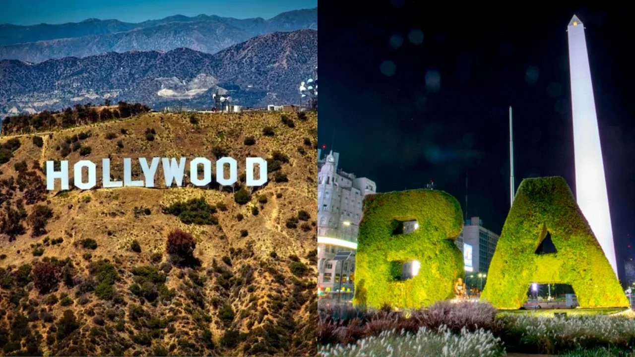 Cartel de Hollywood y el Obelisco de Buenos Aires