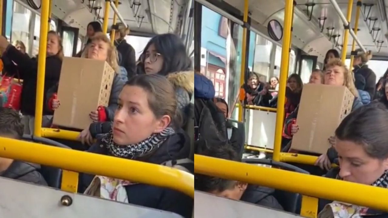 Señora en un colectivo con un perro