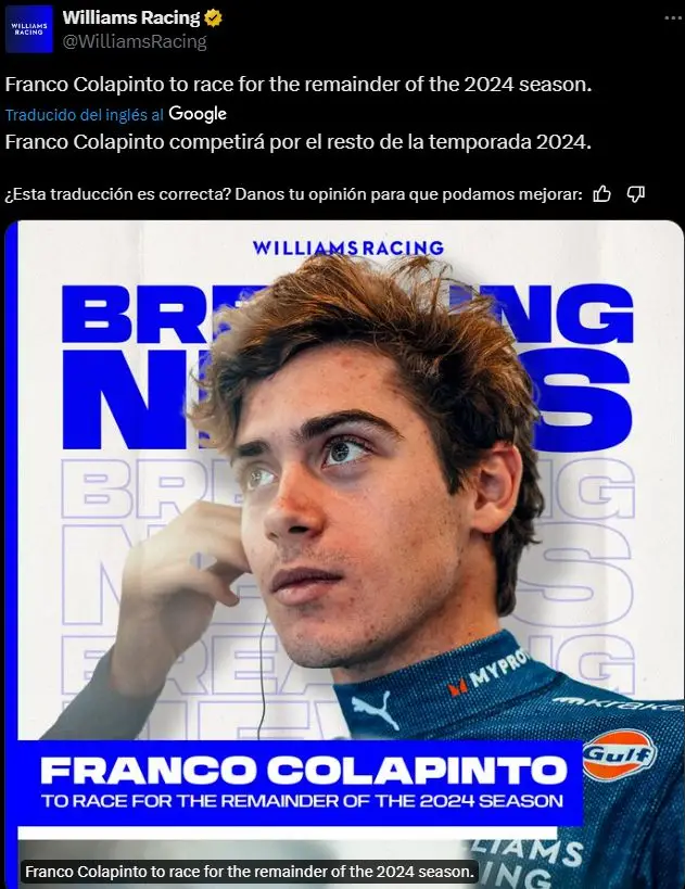 Franco Colapinto, Fórmula 1, Williams, automovilismo, deportes