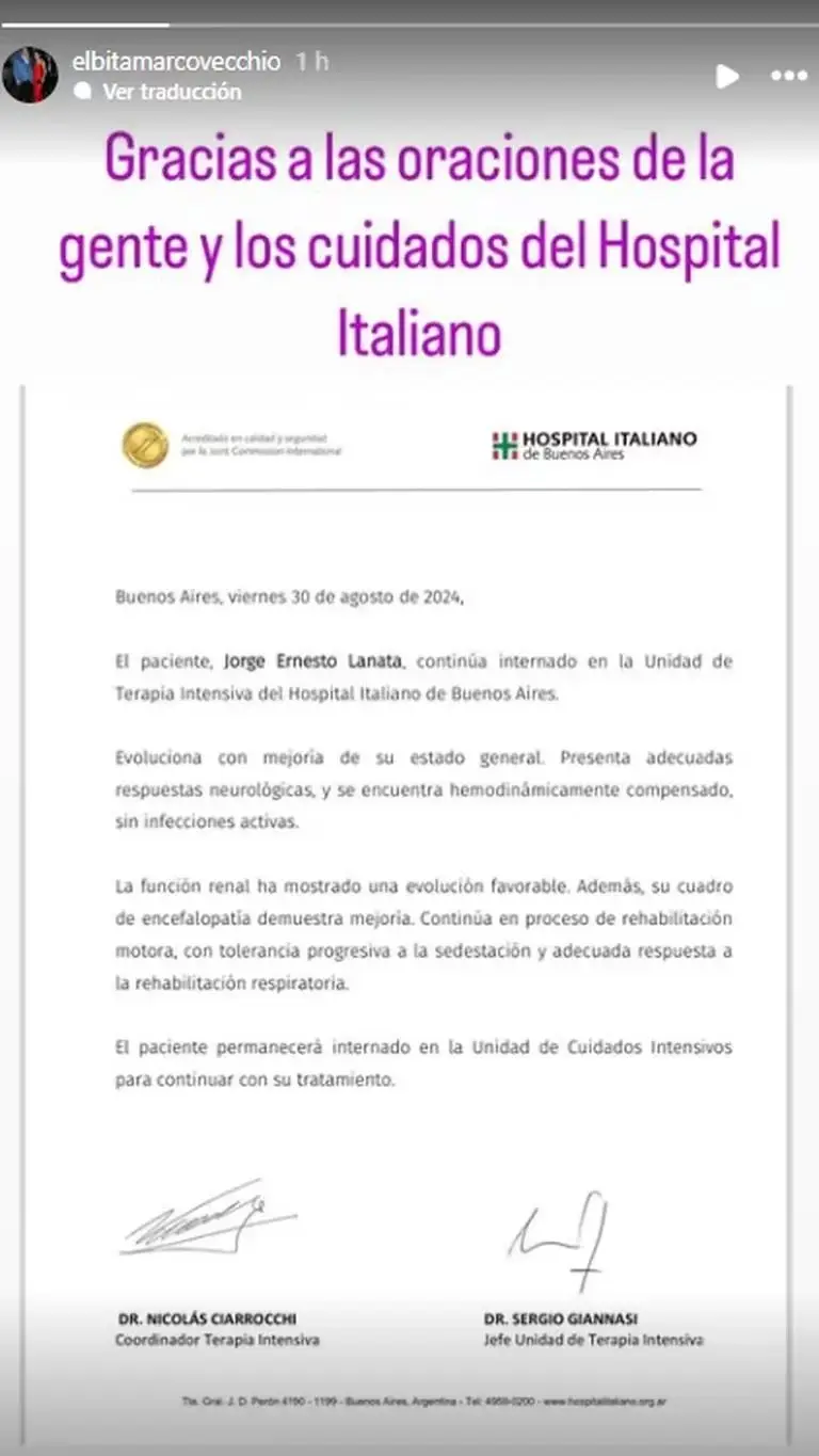 Salud de Jorge Lanata internado en el Hospital Italiano