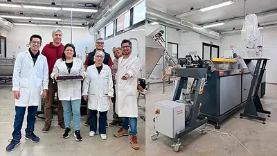 Andrés Felipe Rocha Parra junto a su equipo del CIT Río Negro. Der: Extrusora de doble tornillo en la Planta Piloto de Alimentos Sociales. Andrés Felipe Rocha Parra junto a su equipo del CIT Río Negro. Der: Extrusora de doble tornillo en la Planta Piloto de Alimentos Sociales.