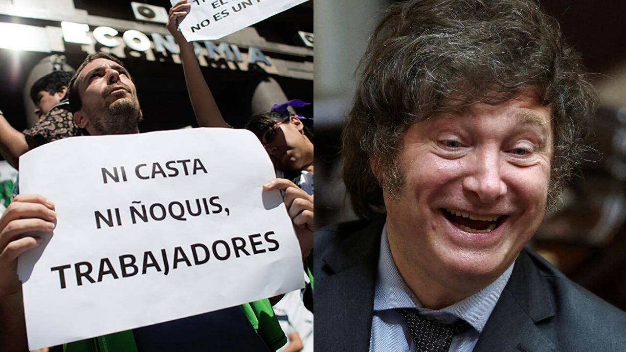Trabajadores reclamando y Javier Milei