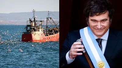 Barco pesquero y Javier Milei Barco pesquero y Javier Milei