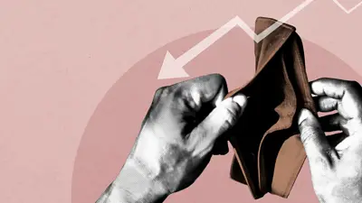 Inflación en Sudamérica representada con un monedero vacío y una flecha descendente. Inflación en Sudamérica representada con un monedero vacío y una flecha descendente.