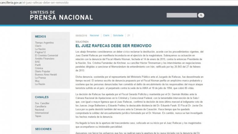 Insólito: el Gobierno difundió a través de una web oficial la carta contra Rafecas