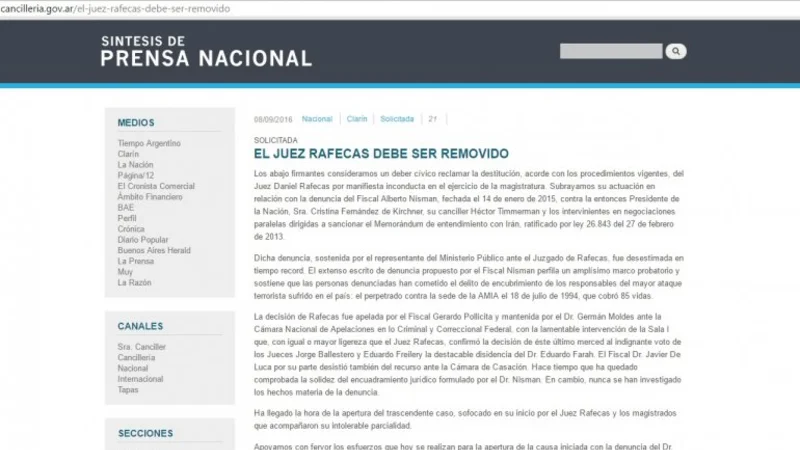 Insólito: el Gobierno difundió a través de una web oficial la carta contra Rafecas
