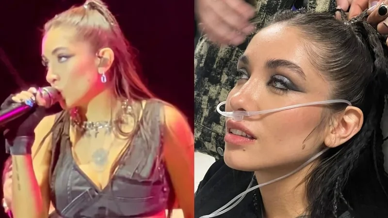 María Becerra cantante y María Becerra conectada a un tubo de oxígeno